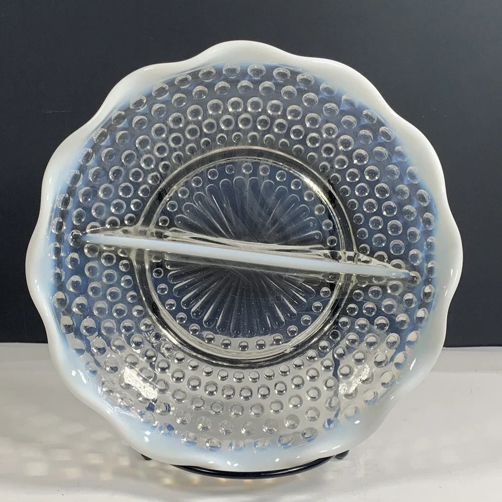 Anchor Hocking White Opalescent Hobnail Glass Divided Relish Dish Ruffled Vtg